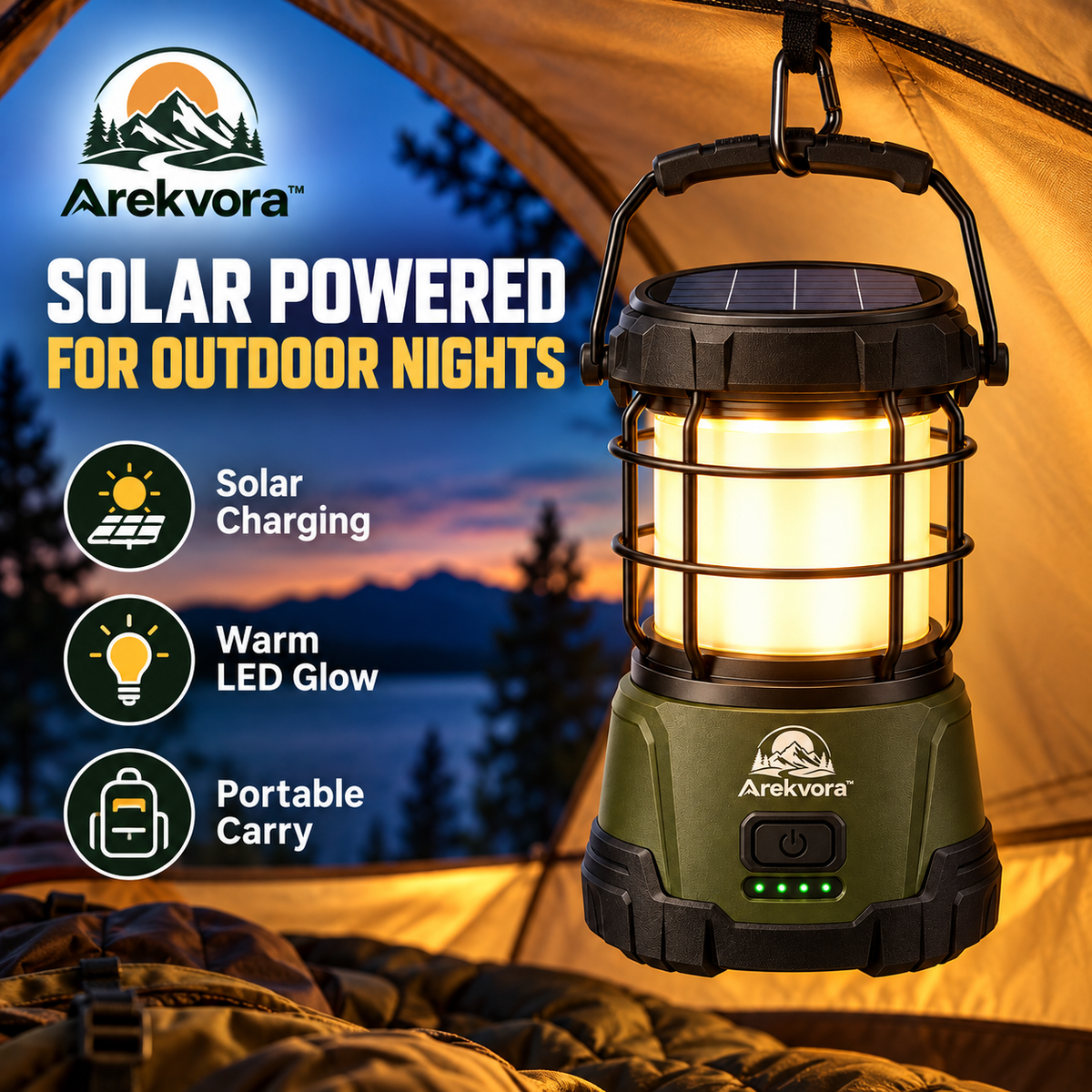 Arekvora™ Solar Camping Lantern with Portable Outdoor Lighting