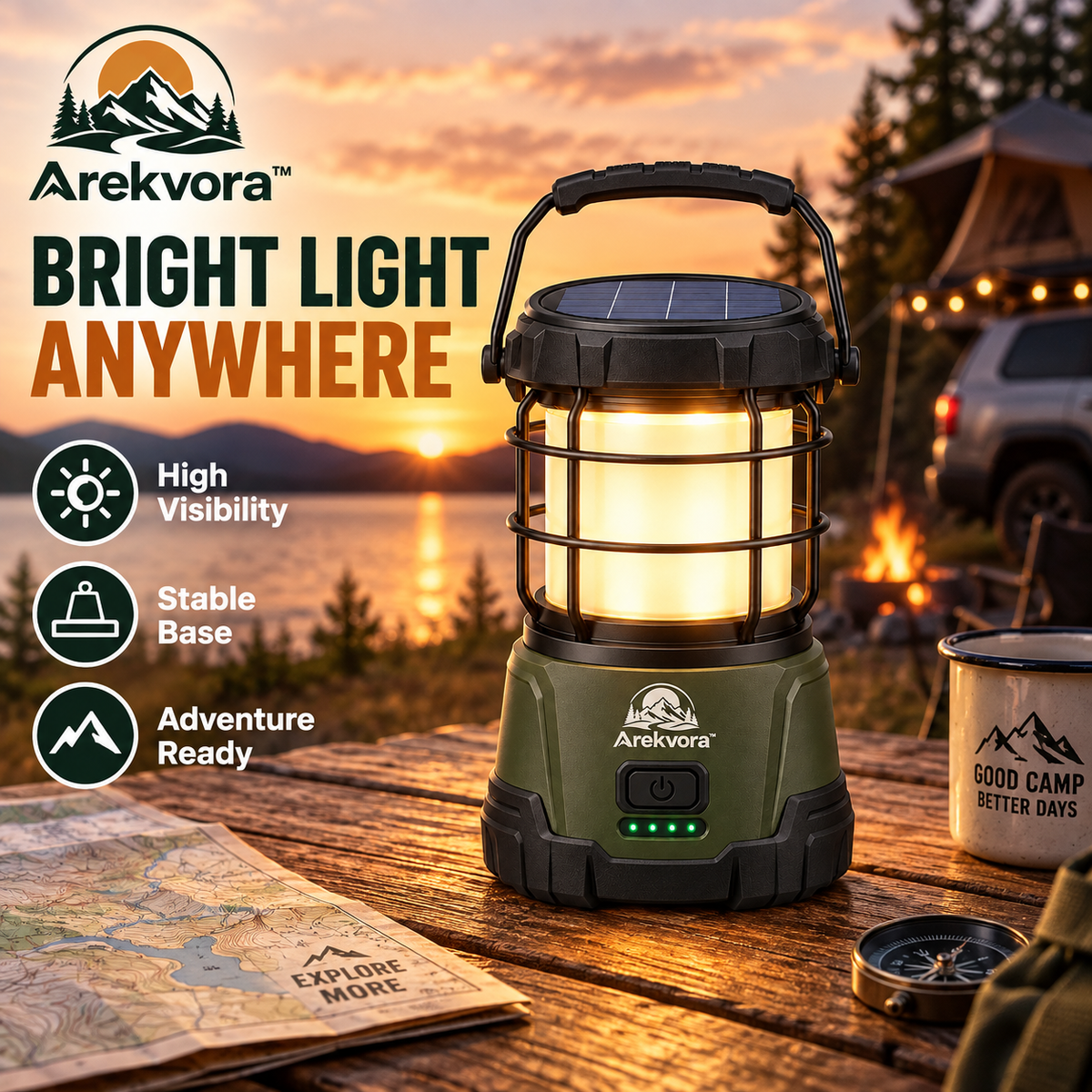 Arekvora™ Solar Camping Lantern with Portable Outdoor Lighting