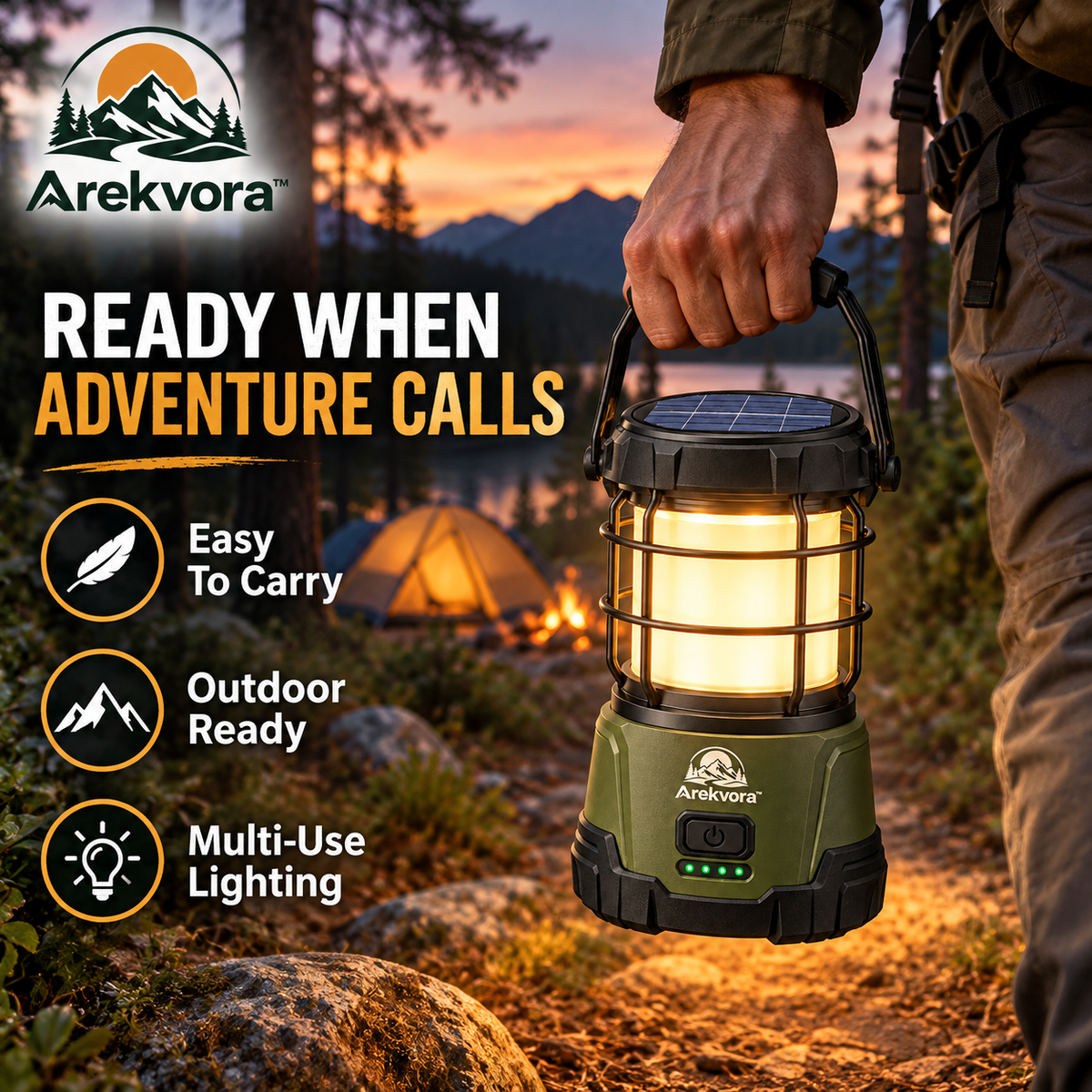 Arekvora™ Solar Camping Lantern with Portable Outdoor Lighting