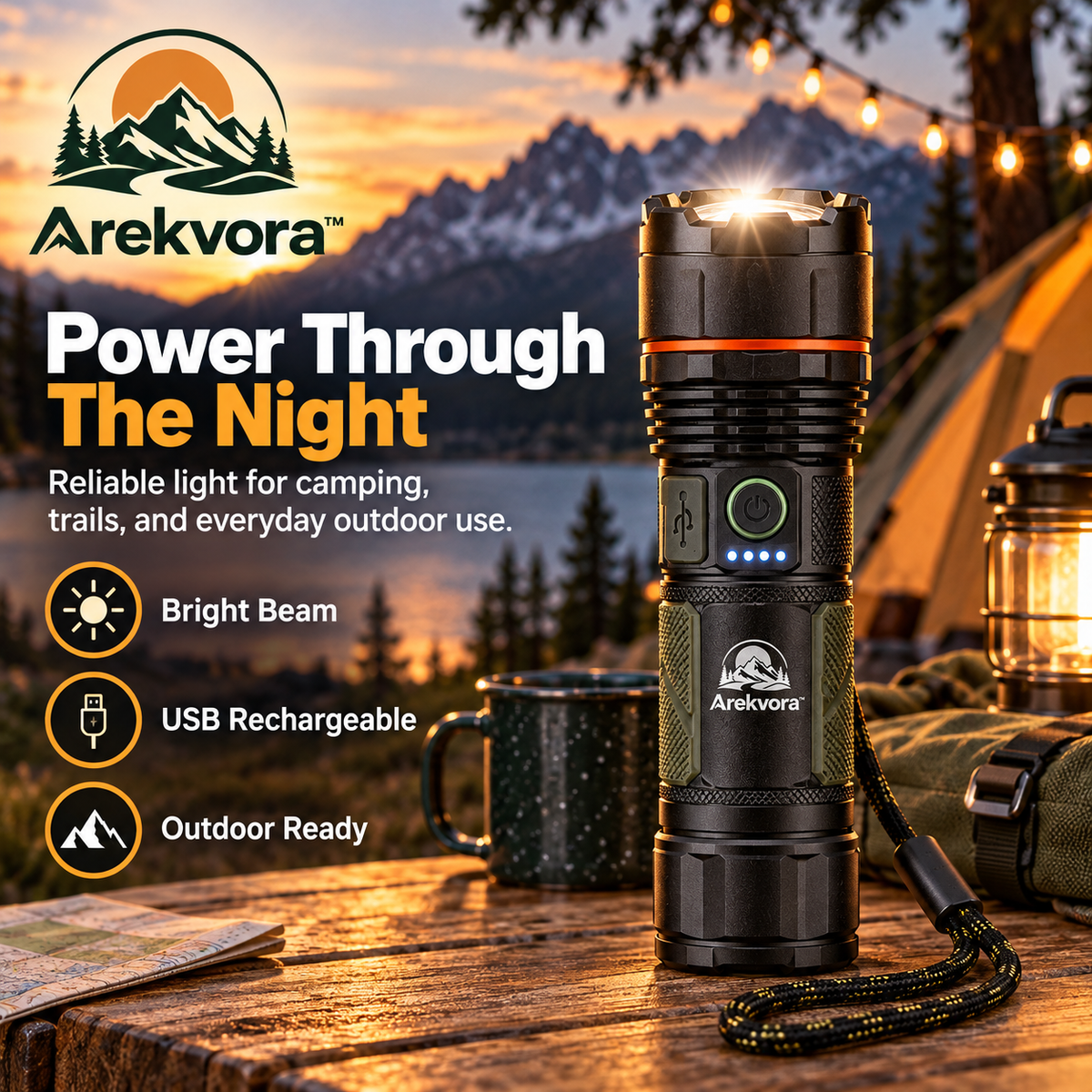 Arekvora™ Rechargeable Waterproof LED Flashlight for Outdoor Adventures
