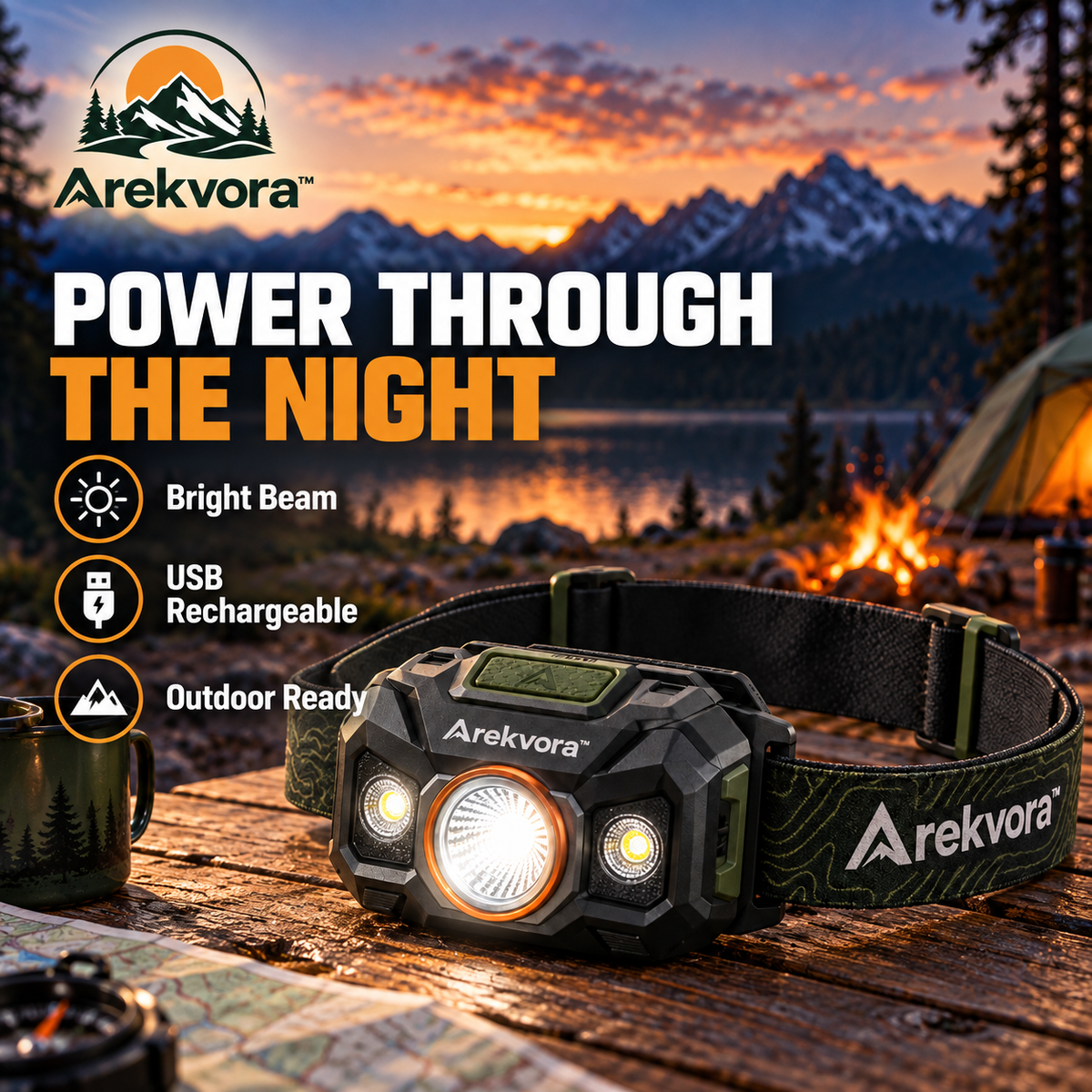 Arekvora™ Rechargeable LED Headlamp for Hiking and Outdoor Activities