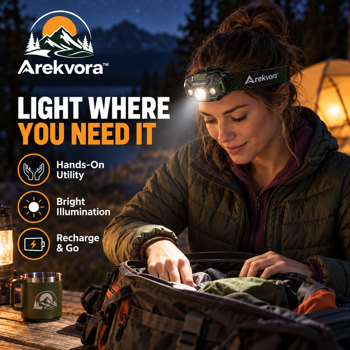 Arekvora™ Rechargeable LED Headlamp for Hiking and Outdoor Activities